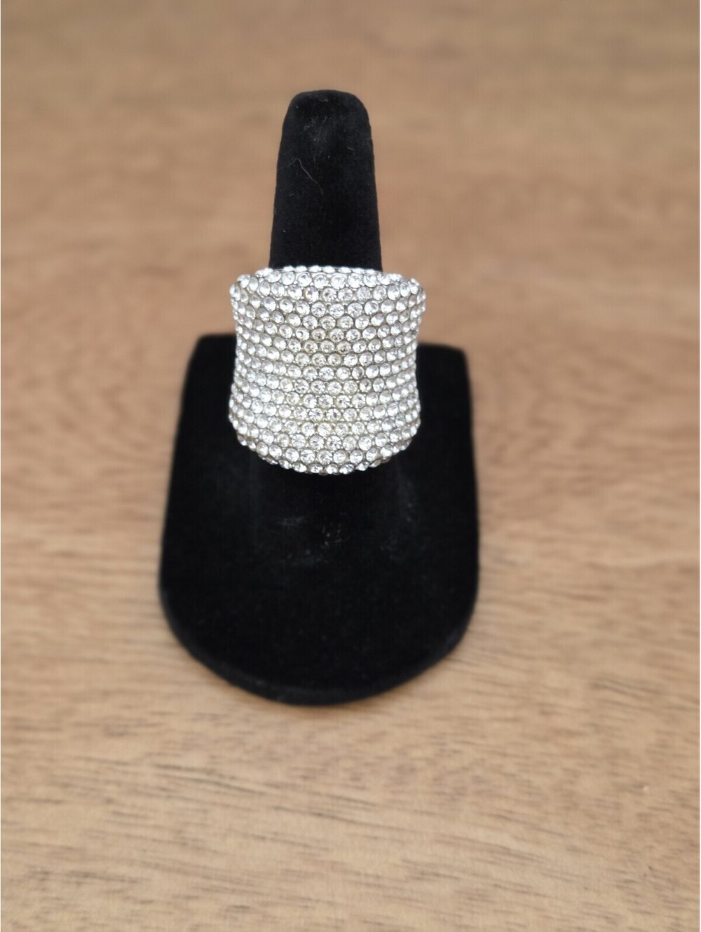 Rhinestone Statement Ring Silver Tone Wide Band Sparkle Size 6